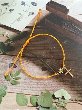 Handcrafted Beach Boho Wax String Bracelet with Daisy and Cross Charms